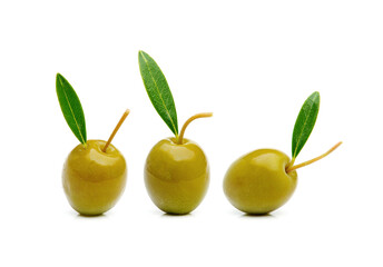 green olives with green leaves isolated on white background.
