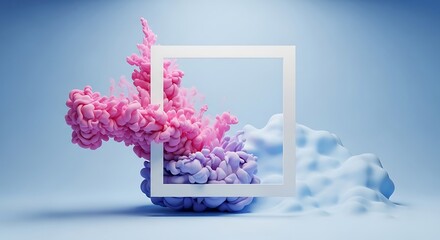 Vibrant colorful liquid expanding and swirling within a geometric border against a cool background