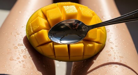 Freshly cut ripe mango fruit cubes being scooped with a metal spoon between sunlit legs