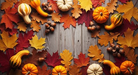 Vibrant autumnal harvest decorations frame a rustic wooden surface with colorful foliage