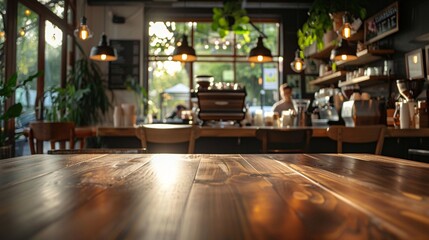Cozy coffee shop interior with warm wooden table in foreground, soft lighting, and blurred background showcasing vintage espresso machine and green plants