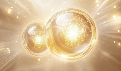 Two shiny golden spheres surrounded by glowing light rays and twinkling stars floating in the air against an abstract background for luxury beauty advertising