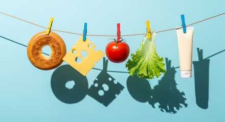 Assortment of food items and a cosmetic tube clipped onto a thin line against a bright background