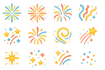 Colorful abstract festive elements with fireworks bursts, stars, and confetti streamers