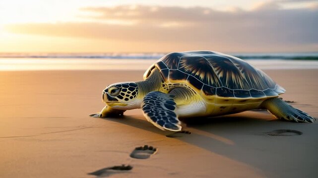 Green sea turtle moving across a sandy beach towards the ocean during a beautiful sunset or sunrise
