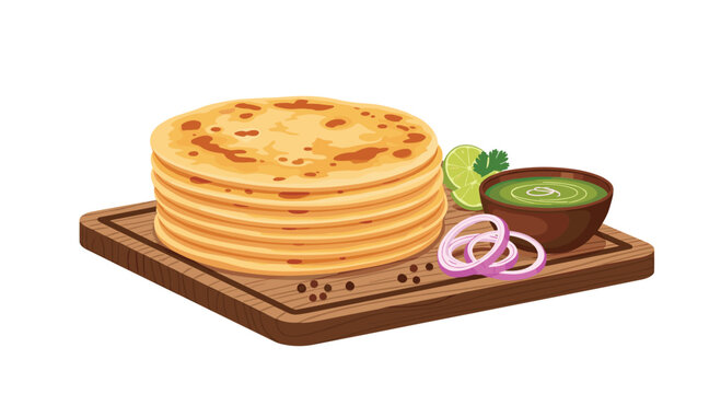 Stack of golden parathas served with green chutney, lime, and onion rings.