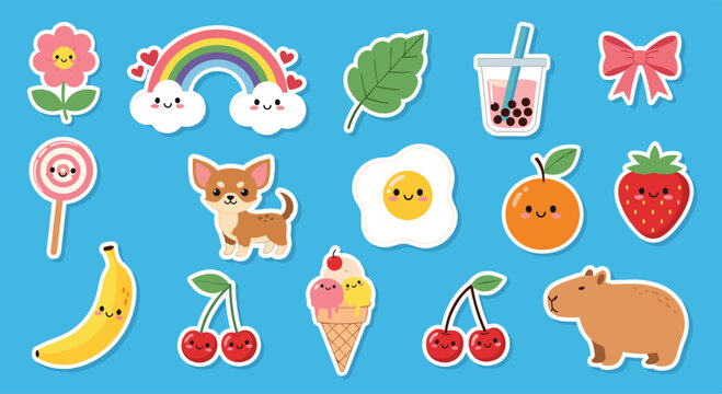 Cute kawaii cartoon sticker collection featuring food, animals, and nature elements on a blue background.