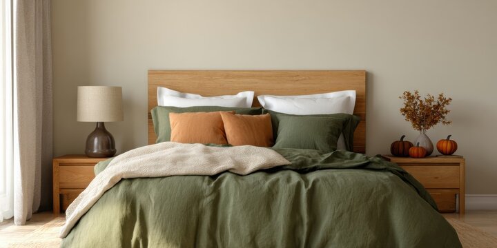bedroom, bed, interior, autumn, decor, pumpkin, cozy, minimal, design, warm, home, furniture, pillow, blanket, comfort, natural, modern, lifestyle, orange, green, wood, daylight, style, softlight, ind