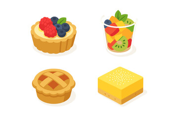 Isometric icons of sweet desserts and healthy snacks: berry tart, mini pie, lemon square, and fruit salad
