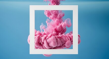 Vibrant pink fluid expands dramatically through a square white frame suspended in blue liquid