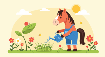 Fototapeta premium A friendly cartoon horse waters the grass in a sunny meadow with flowers and bees.