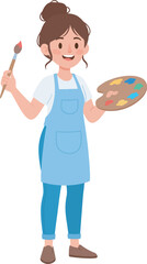 A smiling woman artist wearing an apron, holding a paintbrush and a palette with various colors.