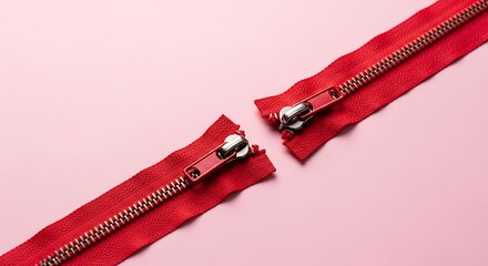 Bright red separating fastener lies open diagonally across a pale pink background