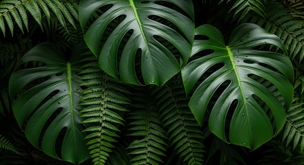 Lush green tropical foliage displays large fenestrated leaves nestled among delicate ferns