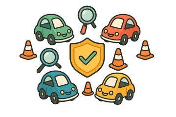 Vehicle safety and inspection concept featuring cute colorful cars, a protective shield, and magnifying glasses