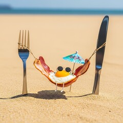 Funny cooked egg wearing sunglasses relaxes in a bacon hammock on a sunny beach