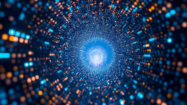 Digital tunnel of glowing data particles in blue light perspective showing motion speed network connection and advanced technology concept