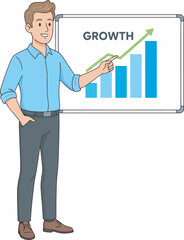 A man presenting a growth chart with an upward trending arrow, indicating business success.