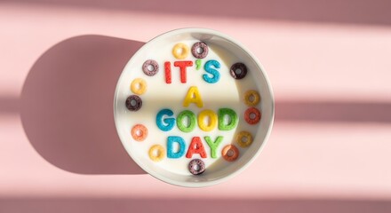 Breakfast bowl contains colorful ring-shaped pieces spelling out an optimistic message over milk