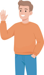 Fototapeta premium A smiling young man waves his hand, greeting someone with a friendly gesture.