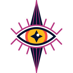 Abstract Eye Symbol With Pink Purple And Yellow Geometric Starburst Rays And Blue Black Star Pupil...