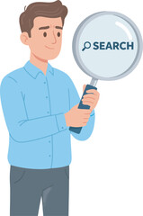 Cartoon man holding a magnifying glass with the word "SEARCH" on the lens.