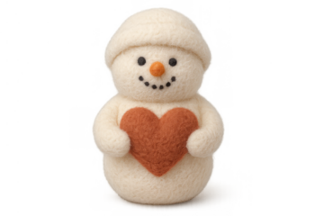 Felt snowman holding heart, symbolizing winter love, christmas holidays, romance, and thoughtful handmade gift