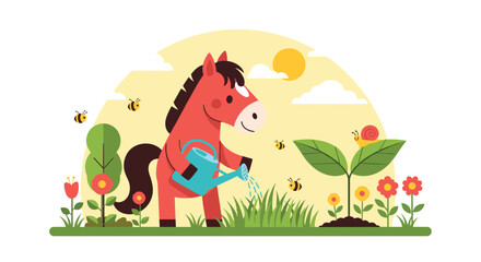 Fototapeta premium Cute cartoon horse watering a plant in a garden with bees and flowers.