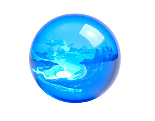 Blue glass sphere with swirling white and teal abstract design isolated on white background