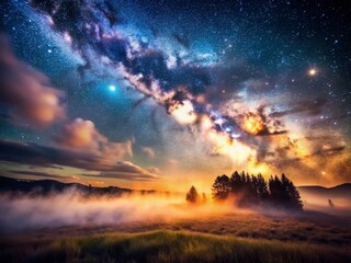 Fototapeta premium Dreamy Ascent: Shimmering Dust in Dark Night Landscape