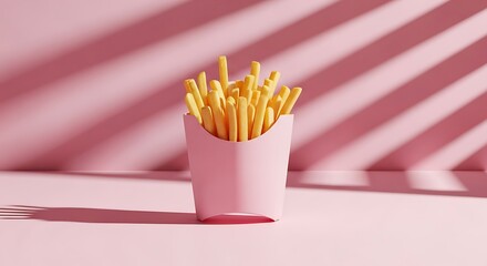 Golden fried potato sticks presented in a pale pink container against a textured pink background
