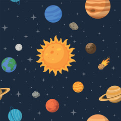 Solar System Seamless Pattern with Planets, Sun, Stars and Comets on Dark Blue Background