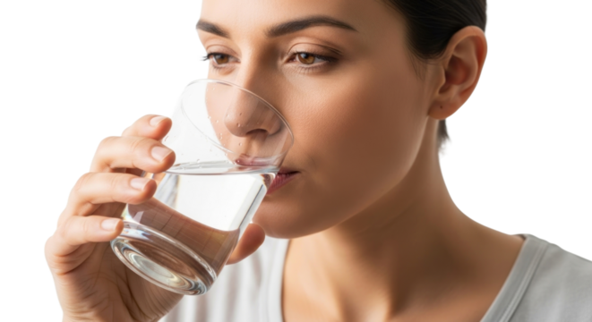 Woman drinking a glass of water isolated on a transparent background