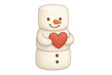 Cute cartoon snowman character holding red heart, celebrating love, winter holidays, and cold season