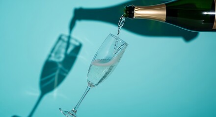 Sparkling beverage pours from a bottle into a tall, slender glass against a vivid blue background.