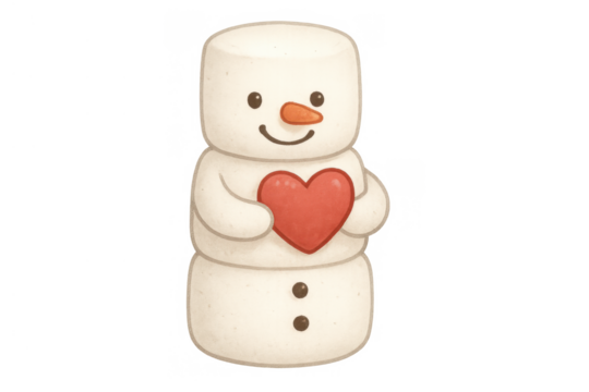 Cute cartoon snowman character holding red heart, celebrating love, winter holidays, and cold season