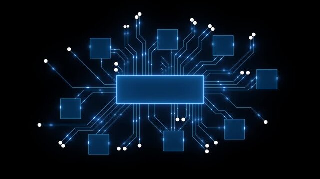 Futuristic digital circuit board schematic glowing blue lines connecting abstract nodes on black background representing technology data processing artificial intelligence
