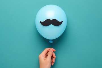 Whimsical blue balloon featuring a charming black mustache is gently held, celebrating Father's Day or Movember awareness against a vibrant teal background