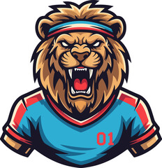 Fototapeta premium Fierce lion athlete mascot wearing a t-shirt and headband
