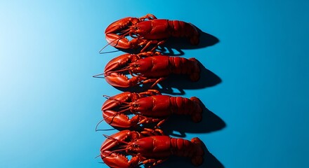 Four cooked red crustaceans are aligned vertically against a bright blue background
