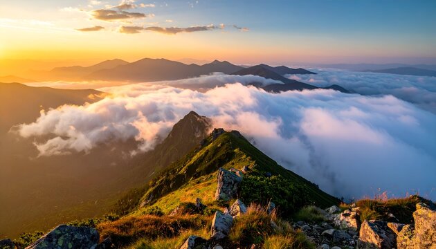 Breathtaking sunset over misty mountains with clouds rolling in the valley, perfect for travel inspiration
