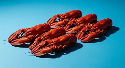 Several cooked crustaceans arranged geometrically on a bright blue surface