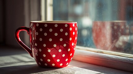 Cozy morning scene with a vibrant red polka dot ceramic mug sitting on a wooden windowsill, soft light filtering through misty glass panes
