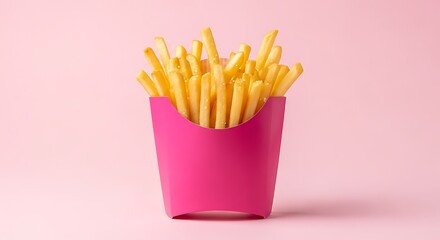 Golden fried potato sticks presented in a vivid magenta container against a soft pastel background