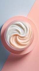 Luxurious skincare cream swirling in soft white and peach tones, showcasing smooth texture and elegant cosmetic design against pastel geometric background