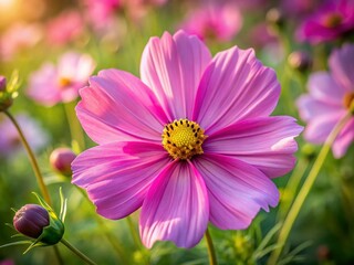 Fototapeta premium Drone Close-Up: Delicate Cosmos Bipinnatus Flower in Vibrant Garden