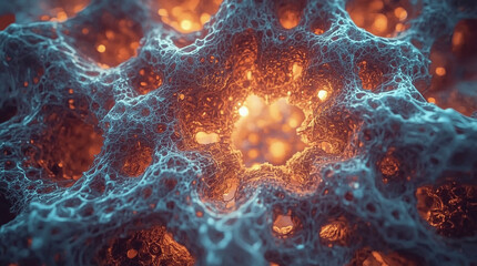 An organic 3D form reminiscent of coral, glowing from within thanks to a combination of warm and cool tones.