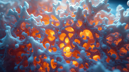 An organic 3D form reminiscent of coral, glowing from within thanks to a combination of warm and cool tones.