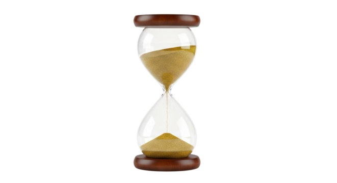 Hourglass with golden sand isolated on a transparent background, measuring time in a classic and elegant way