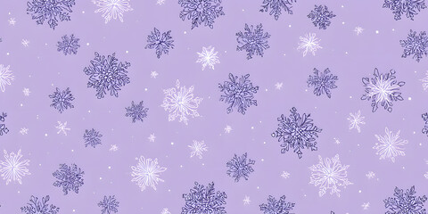 Detailed winter pattern features numerous snowflakes with delicate, intricate designs scattered across a soft, lavender background, creating a visually appealing and festive illustration.